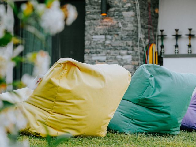 Children's bean bags on a newly laid backyard lawn