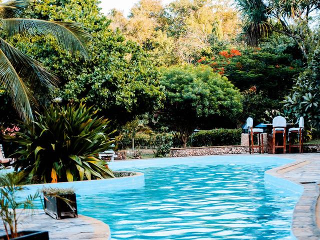 Established coastal planting around a swimming pool