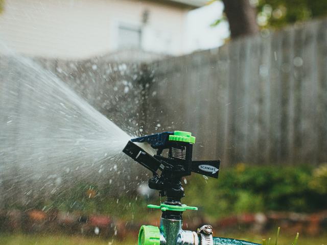Sprinkler head watering along a rear boundary fence
